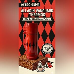 Vintage MCM Aladdin Red & Black Diamond Thermos 32oz